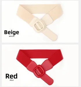 Détails de ceintures élastiques larges en beige et rouge avec boucles en cuir assorties