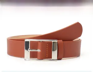 Detailed close-up of brown PU leather belt with silver square metal pin buckle