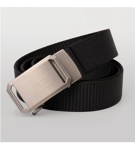 Detail of thickened nylon webbing and brushed metal automatic buckle for outdoor belt