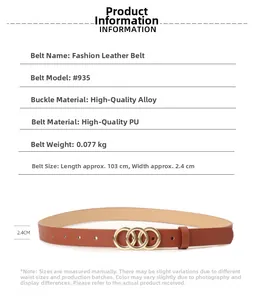Detail view of brown PU leather belt with gold alloy triple-ring buckle and size specs
