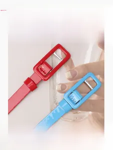 Detail of red and sky blue patent leather belts with matching square buckle design