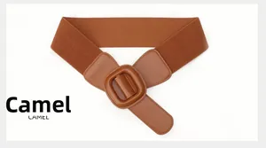 Détail de ceinture élastique camel avec tricot haute densité et boucle carrée élégante