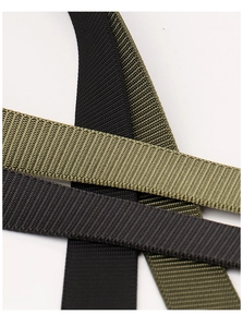 Detail of high-density twill nylon webbing in black, olive green, and dark grey colors