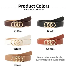 Five styles of slim women's belts with golden triple-ring buckles in multiple colors