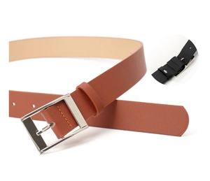 Detail of square silver metal buckle and textured brown and black PU leather belts