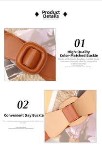 Détail de la ceinture marron en cuir PU avec une grande boucle en plastique assortie
