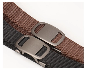 Detailed close-up of tactical nylon belts with matte grey metal buckles in black and brown