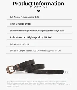 Detailed size chart for black vintage PU leather belt with decorative metal buckle