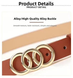 Detail of a brown PU leather belt featuring a polished golden triple-ring alloy buckle