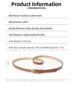 Detailed view of brown PU leather thin belt with polished alloy buckle, 1cm width size
