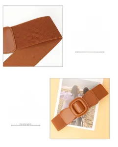 Détail de la large ceinture élastique marron caramel avec boucle rectangulaire