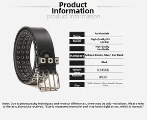 Detaillierte Größenangaben für schwarzen Punk-Nietengürtel mit Metallösen aus PU-Leder