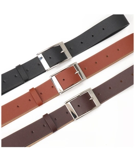 Three minimalist PU leather belts in black, brown, and coffee with silver square buckles