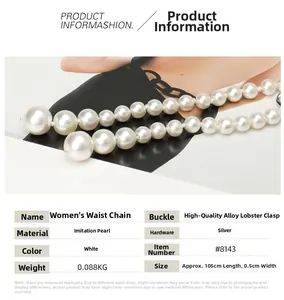 Detail of multi-layer pearl waist chain showing 105cm length and silver alloy lobster clasp