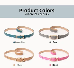 Lot de quatre fines ceintures en cuir PU bleu, gris, kaki et rose à boucles dorées