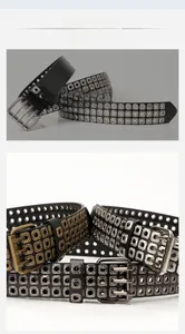 Detail eines Punk-Ledergürtels mit dreifachen Metallösen und robuster Dreizack-Schnalle