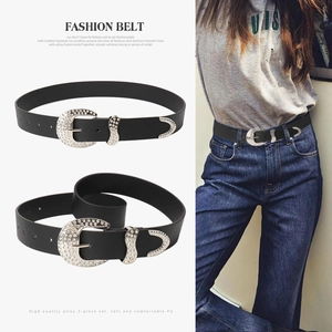 Women's Western Rhinestone Belt Faux Leather Y2K Waistband With Alloy Buckle Studded Bling Belt For Jeans Black Accessory