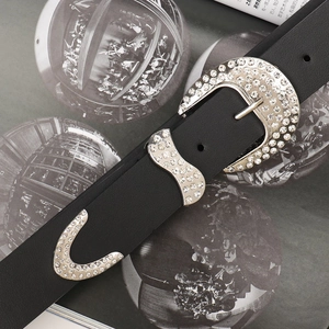 Black western leather belt with sparkling rhinestones on silver buckle and tip accents