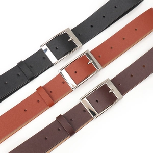 Versatile PU leather belt with square metal buckle in black, orange-brown and dark coffee