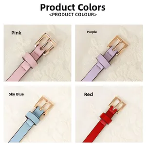 Detail view of pink, purple, blue, and red thin PU leather belts with gold metal buckles