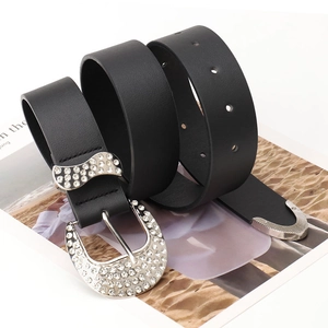 Black Y2K rhinestone western belt set with silver studded buckle for women jeans