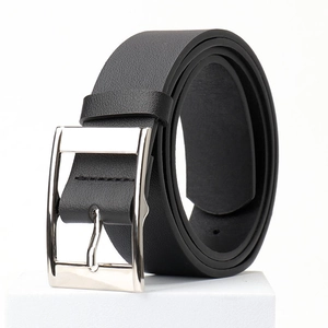 Classic black faux leather belt with a silver square buckle on a minimalist white display