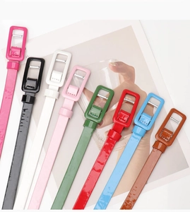 Close-up of eight colorful glossy leather skinny belts with matching rectangular buckles