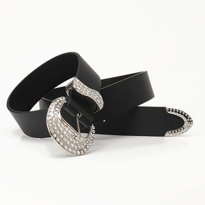 Women's Western vintage black belt with silver alloy rhinestone buckle and tip detail