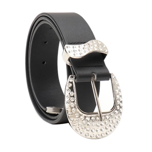 Black leather belt with sparkling rhinestone buckle and silver vintage metal hardware