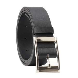 Classic black leather belt with silver square buckle and fine lychee texture for jeans