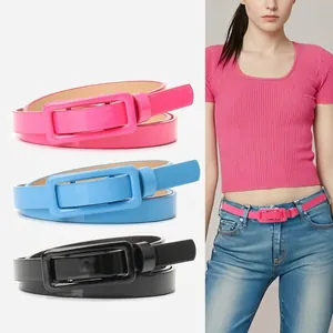 Women Skinny Patent Leather Belt With Rectangular Covered Buckle Fashion Candy Color Adjustable Waistband Faux Leather Thin Dress Jeans Belt