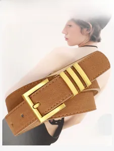 Détail macro d'une ceinture en daim marron avec boucle carrée dorée et anneaux métalliques