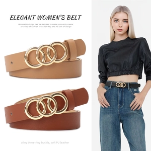 Women Faux Leather Waist Belt Fashion Simple Interlocking Three-Ring Alloy Pin Buckle Decorative Thin Belt For Jeans Dress