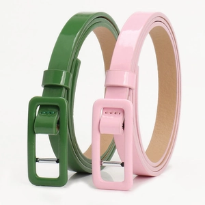 Polished slim leather belt set for women with rectangular buckle in green and pink