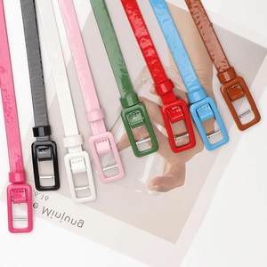 Slim glossy patent leather belts for women with rectangle buckles in multiple vibrant colors