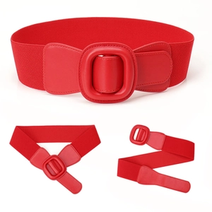 Ceinture large élastique rouge pour femme avec une grande boucle ronde gainée de cuir