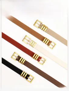 Détail de cinq ceintures en daim rétro noir et marron avec boucles en alliage doré