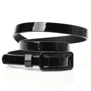 Glossy black patent leather thin waist belt with rectangular buckle for women's jeans
