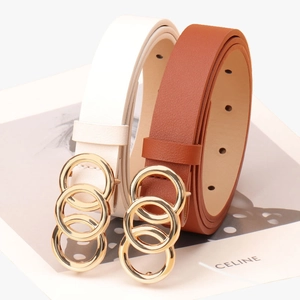 Women's minimalist leather belt set with triple interlocking gold ring alloy buckle