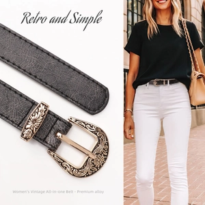 Women Vintage Artificial Leather Belt Floral Carved Alloy Buckle Bohemian Style Adjustable Casual Waist Strap For Jeans Dresses