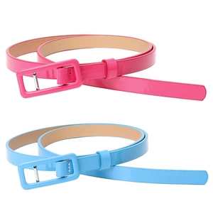 Bright patent leather thin belts with rectangular buckles in rose red and sky blue colors