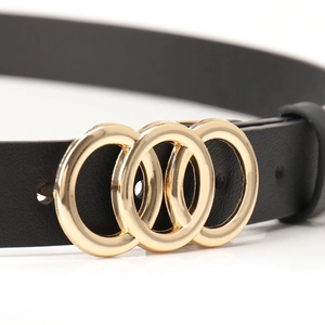 Chic black faux leather skinny belt for women with triple golden ring buckle detail