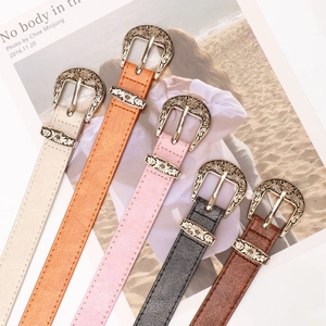 Set of five vintage faux leather belts with intricately engraved silver metal buckles for women