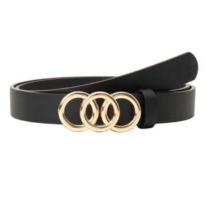 Women's black faux leather belt featuring a modern triple interlocking gold-tone ring buckle