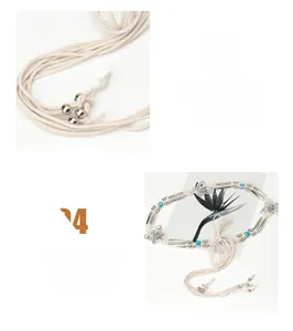 Détail de ceinture bohème en corde avec papillon en métal vintage et perles bleues