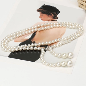 Elegant multi-layer cream white pearl waist chain belt with metallic clasp for dresses