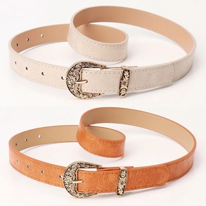 Vintage metal flower buckle women's belts in beige and caramel faux leather