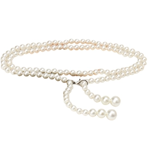Elegant double-layered white pearl waist chain belt with silver metal clasp for dresses