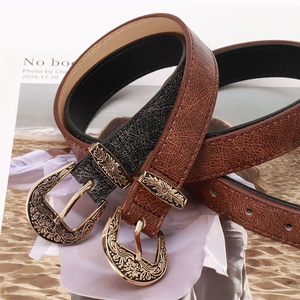 Vintage western leather belts with engraved metal buckle in black and brown finishes