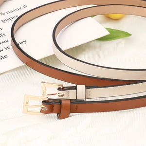 Slim tan and beige PU leather belts for women with gold rectangular pin buckles